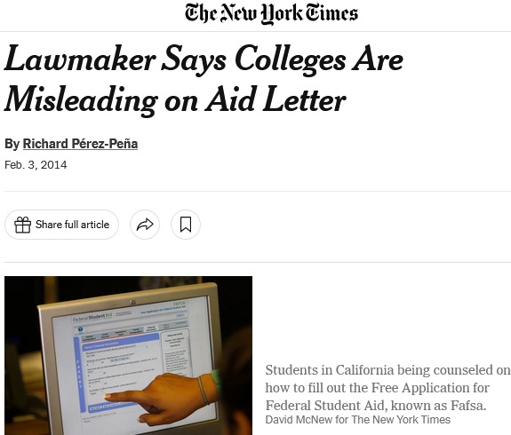 New York Times article: &ldquo;Lawmaker Says Colleges Are Misleading on Aid Letter&rdquo;