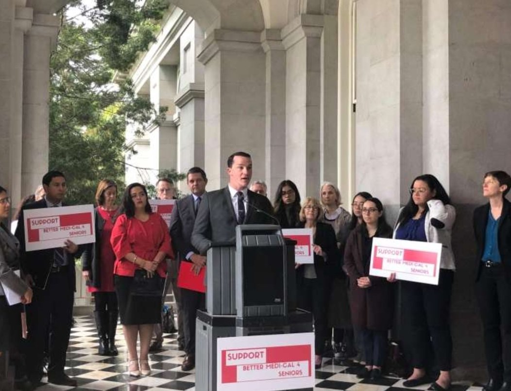 Jimmy Fremgen leading a Capitol press event in support of better Medi-Cal for seniors